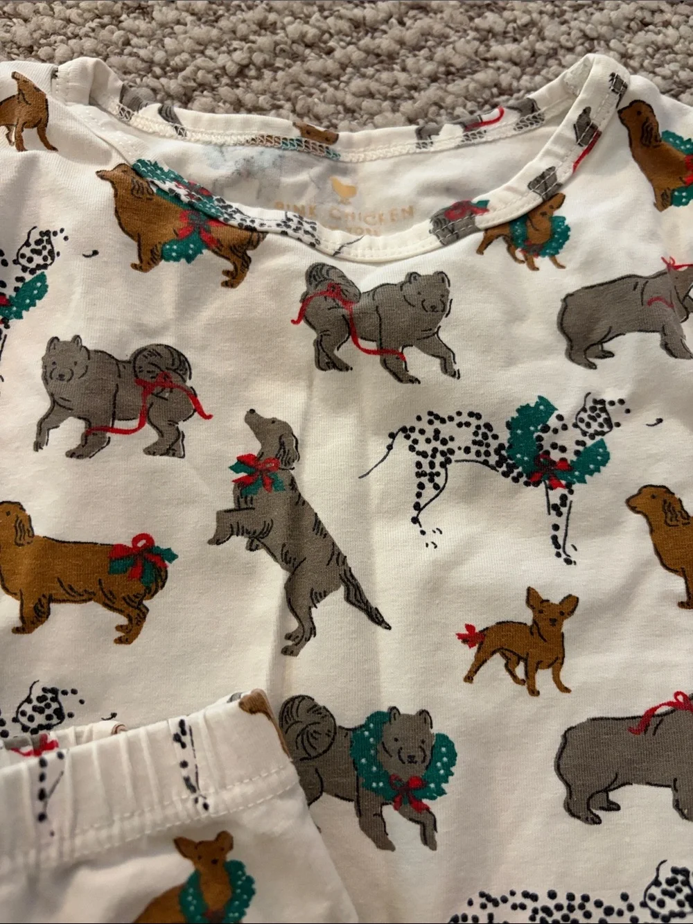Pink Chicken Cream Dog-Print Pajama Set with Green & Red Accents